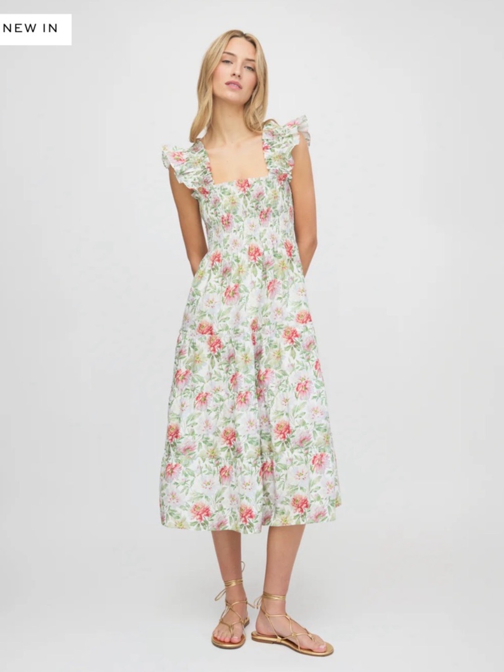 Floral Ruffle Strap Midi Dress - White with Pink & Green - The Ellie Nap Dress